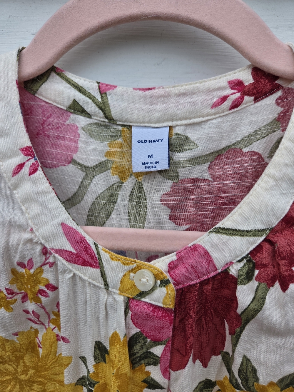Floral Button-Up Sleeveless Blouse in White with Yellow, Pink & Green - Picture 7 of 10
